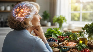 Gesunde Ernährung mit Gemüse, Beeren, Nüssen und Fisch als Symbol für Gehirngesundheit, Gehirnalter und langfristige kognitive Leistungsfähigkeit