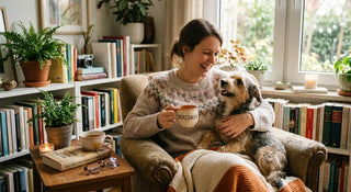 Frau mit braunem Pullover sitzt lachend in einem gemütlichen Sessel, hält eine Tasse Tee und streichelt einen struppigen Terrier neben sich, im Hintergrund Bücherregale und Zimmerpflanzen
