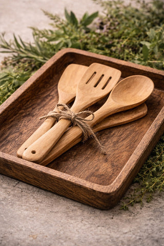 Holzschale mit handgefertigten Kuechenutensilien aus Holz