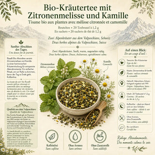 Infografik zum Abend-Tee mit Zutaten, Herkunft und Überblick