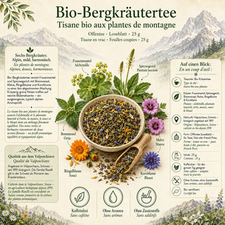 Infografik zum Bergkräuter-Tee lose mit Zutaten, Herkunft und Überblick