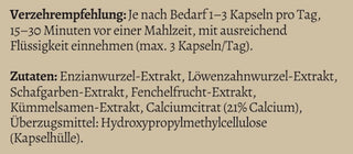Digest essentia Zutaten: Enzian, Löwenzahn, Schafgarbe, Fenchel, Kümmel und Calcium