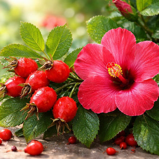 Frische Hagebutte und Hibiskusblüte auf Holzuntergrund