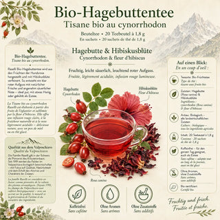 Infografik zum Hagebutten-Tee mit Zutaten, Herkunft und Überblick
