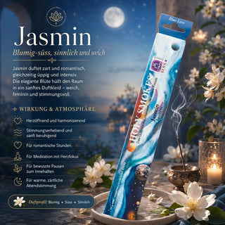 Berk Holy Smokes Räucherstäbchen Jasmin – Blue Line Packung mit brennendem Stäbchen, Jasminsblüten und Kerzen