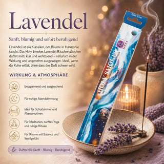 Berk Holy Smokes Räucherstäbchen Lavendel – Blue Line Packung mit brennendem Stäbchen, Lavendel und Kerzen