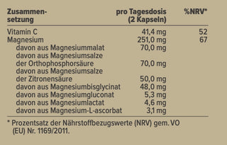 Magnesium Nährwerte mit Vitamin C, Magnesiummalat, Orthophosphorsäure, Zitronensäure, Magnesiumbislycinat, Magnesiumgluconat, Magnesiumlactat und Magnesium-L-ascorbat
