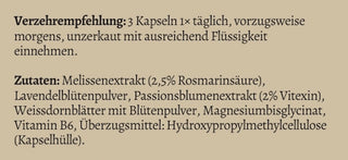 Mental essentia Zutaten: Melisse, Lavendel, Passionsblume, Weissdorn, Magnesium und Vitamin B6