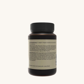 Natura Nova Coenzym Q10 Plus Kapseln Rückseite mit Inhaltsstoffen und Verzehrsempfehlung