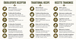 Merkmale der Natura Nova Räucherwerk-Rezepturen: 100% naturrein, traditionelle Herstellung, natürliche Zutaten, Handarbeit, Bambusstäbchen, Duft und energetische Qualität – in Deutsch, Englisch und Französisch.