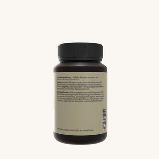 Natura Nova Reishi & Cordyceps Kapseln Rückseitenansicht mit Inhaltsstoffen und Nährwertangaben