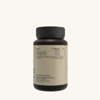 Natura Nova Reishi & Cordyceps Nahrungsergänzungsmittel Kapseldose Seitenansicht mit Nährwerttabelle