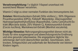 OPC Zutaten: Weintraubenkern-Extrakt, Camu Camu, Vitamin C, Kokosnussmilch, Maniok