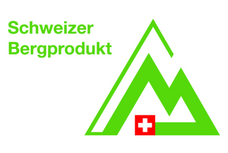 Schweizer Bergprodukt Logo mit stilisiertem grünen Bergsymbol und Schweizer Kreuz