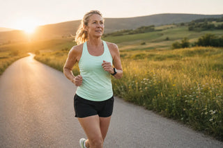 Frau beim Joggen auf Feldweg bei Sonnenaufgang – aktiver Lebensstil und Bewegung