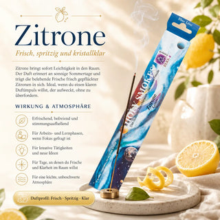Berk Holy Smokes Räucherstäbchen Zitrone – Blue Line Packung mit brennendem Stäbchen, Zitronen und Kerzen